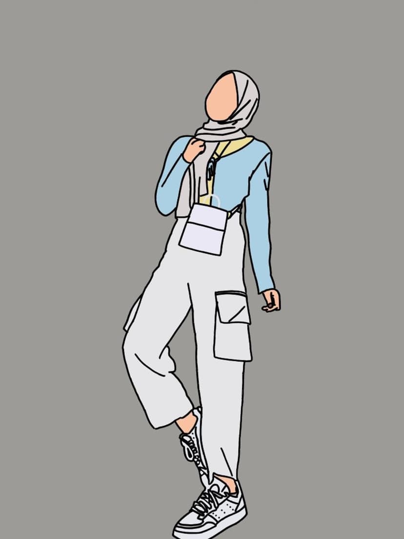 Woman wearing a light gray hijab, blue cardigan, and white cargo pants standing with a white crossbody bag.