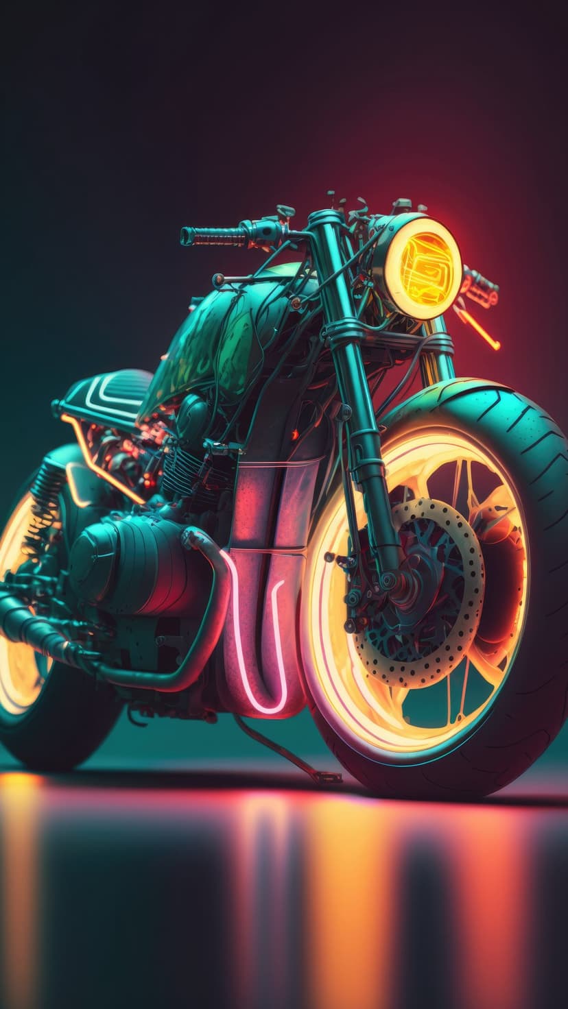 Cyberpunk cafe racer motorcycle with glowing orange and pink neon light strips against a dark, moody background.