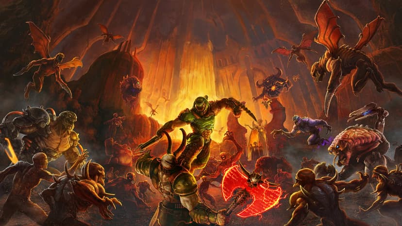 Doomguy combat scene with demons in a volcanic hellscape featuring detailed green armor and glowing embers.