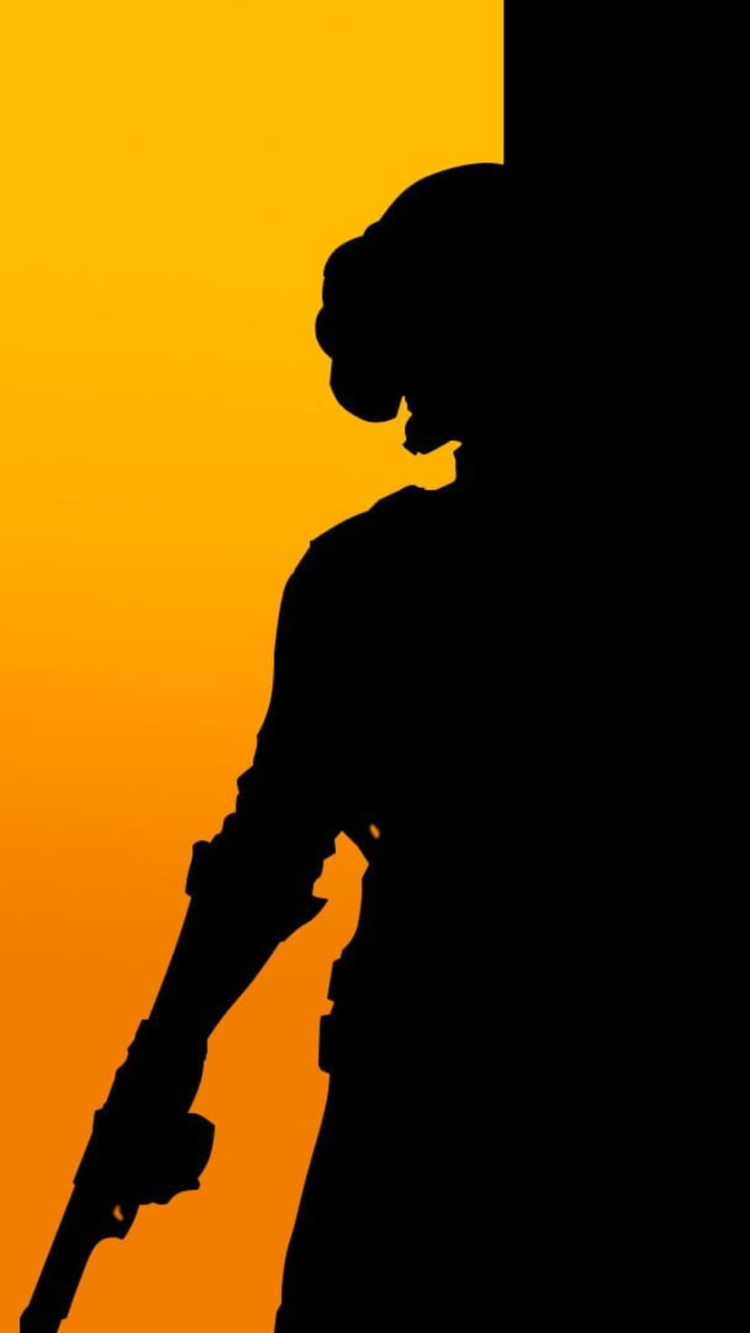 Armed man in profile silhouette stands against a vibrant orange gradient background with high-contrast lighting.