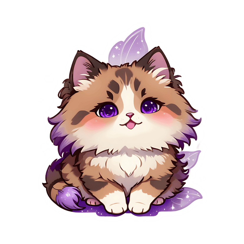Brown white striped kitten sticker features fluffy fur and purple eyes surrounded by small heart shapes.