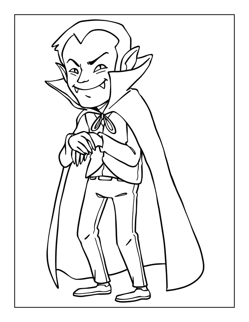 Vampire coloring page featuring a smiling cartoon character with fangs and a cape in a black line art style.