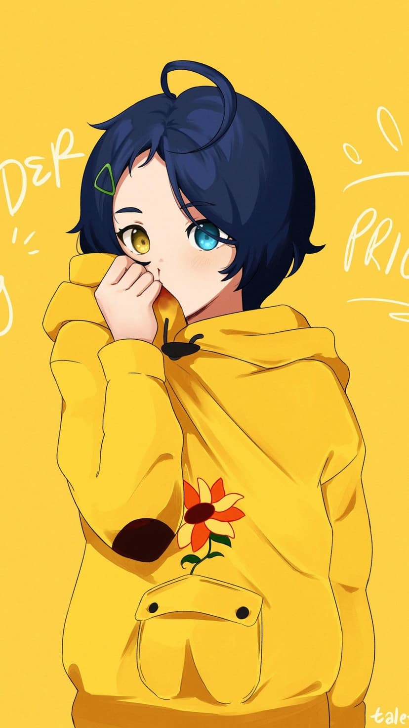 Blue-haired girl with heterochromia and a yellow floral hoodie covering her mouth against a yellow background.