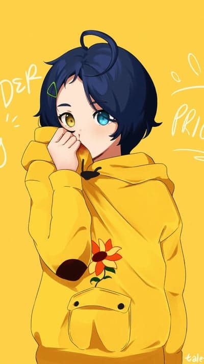 Blue Haired Anime Girl in Yellow Hoodie Mobile Wallpaper