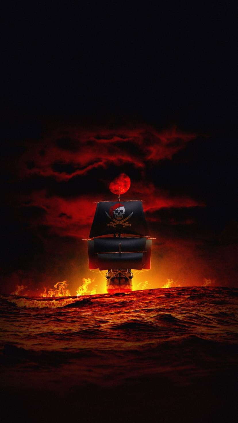 Burning pirate galleon on fiery ocean waves under a large blood moon with glowing embers in a dark red sky.