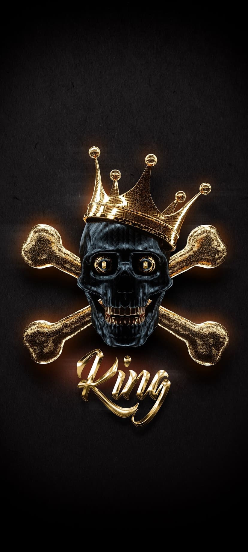 Golden crowned skull with crossed bones and King script set against a textured black background for mobile screens.