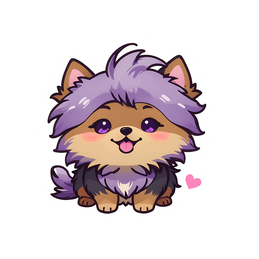 Purple puppy sticker featuring fluffy brown fur, glossy eyes, and a white border in a front-facing chibi style.