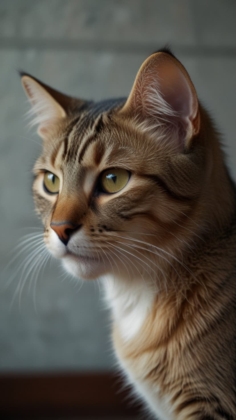Tabby cat face with vibrant green eyes and long white whiskers shows detailed brown and grey fur patterns.