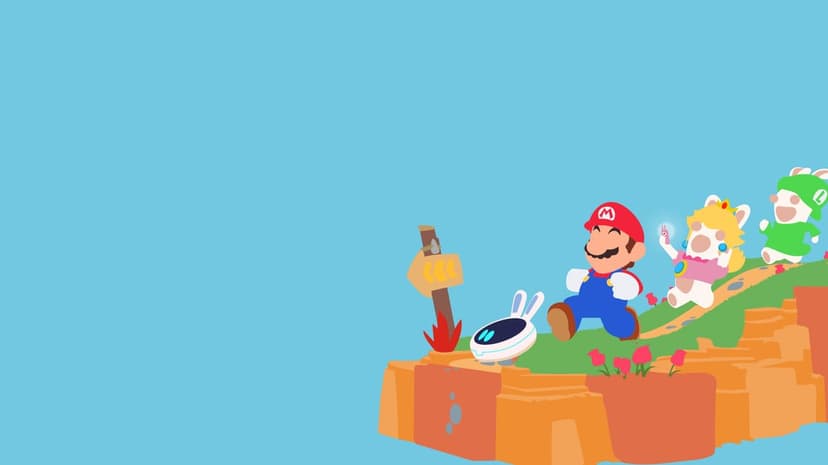 Mario and Rabbids walking on a green cliff path against a light blue background in a flat art style.