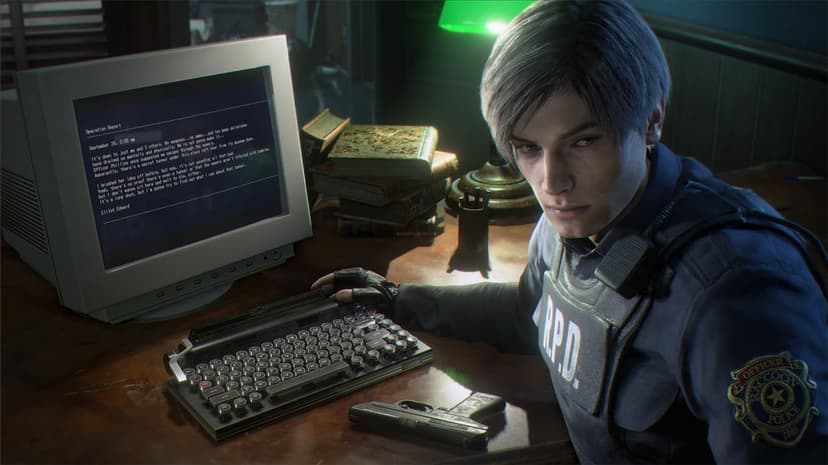 Leon S. Kennedy in RPD uniform sits at a desk with a glowing CRT monitor and a handgun in a dark office.