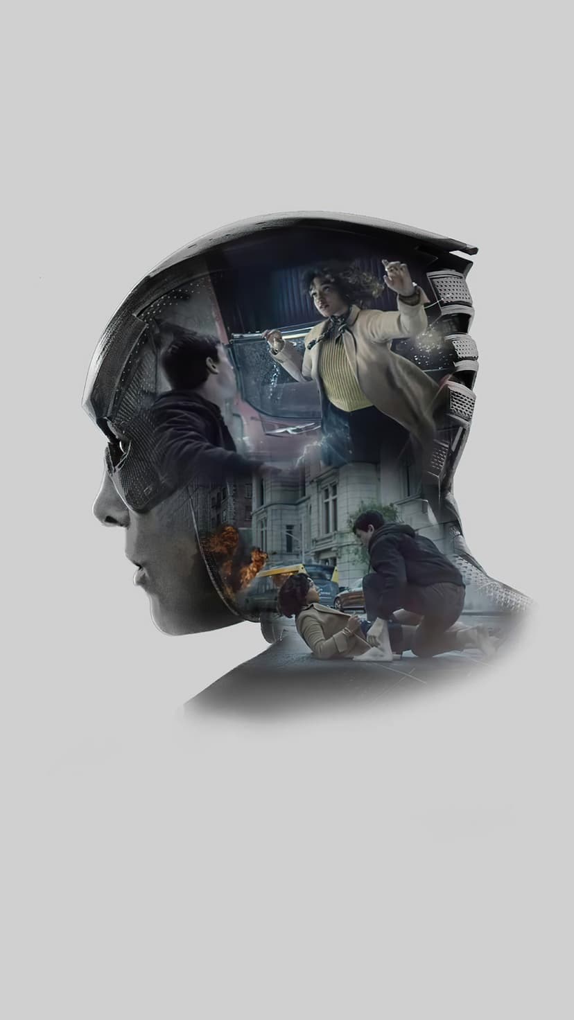 Spider-Man mask silhouette containing scenes of Peter Parker and action sequences against a grey background.