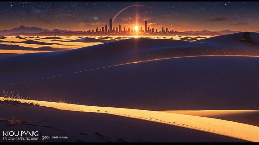 Sprawling urban towers stand amidst tall sand dunes under a golden sunset with a glowing atmospheric ring.