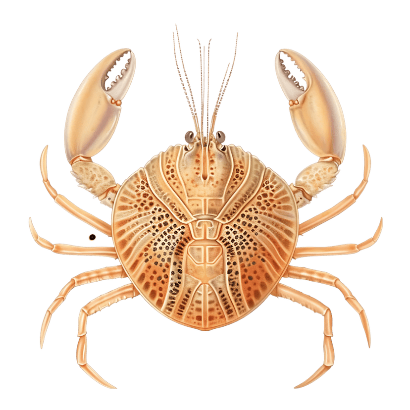 Orange crab crustacean with segmented legs and detailed carapace patterns isolated on a black background.