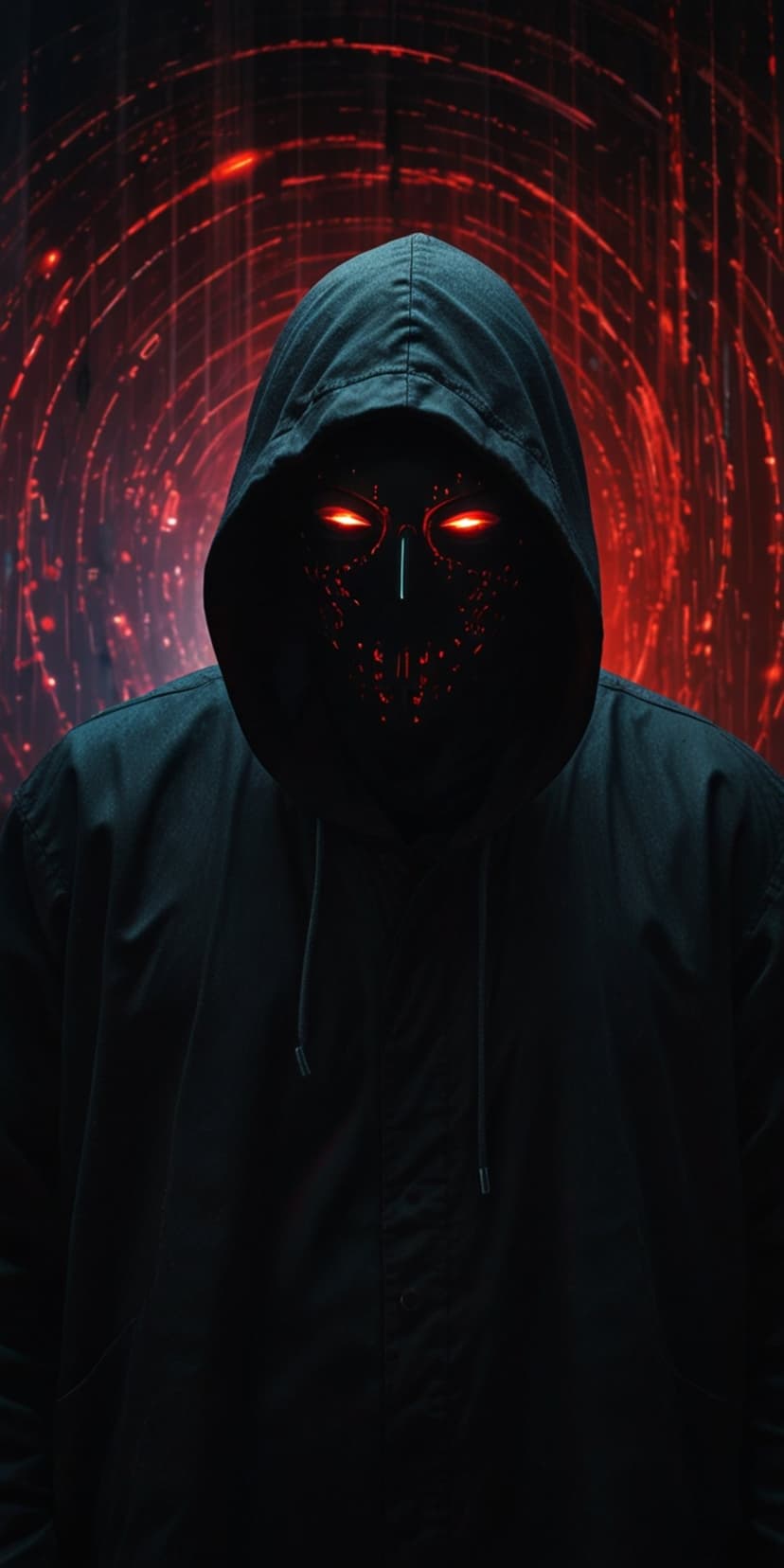 Hooded figure wearing a black mask with glowing red eyes against a swirling crimson digital vortex background.