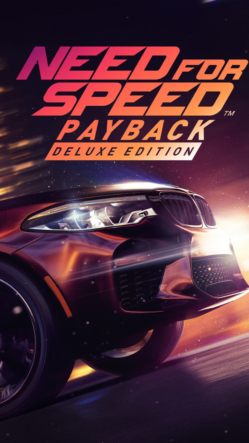 Maroon BMW M5 racing car with glowing headlights and motion blur under Need for Speed Payback logo.