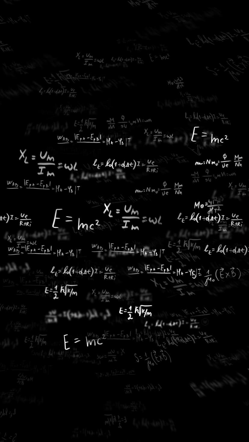 White handwritten physics equations and mathematical formulas float over a dark, out-of-focus background.