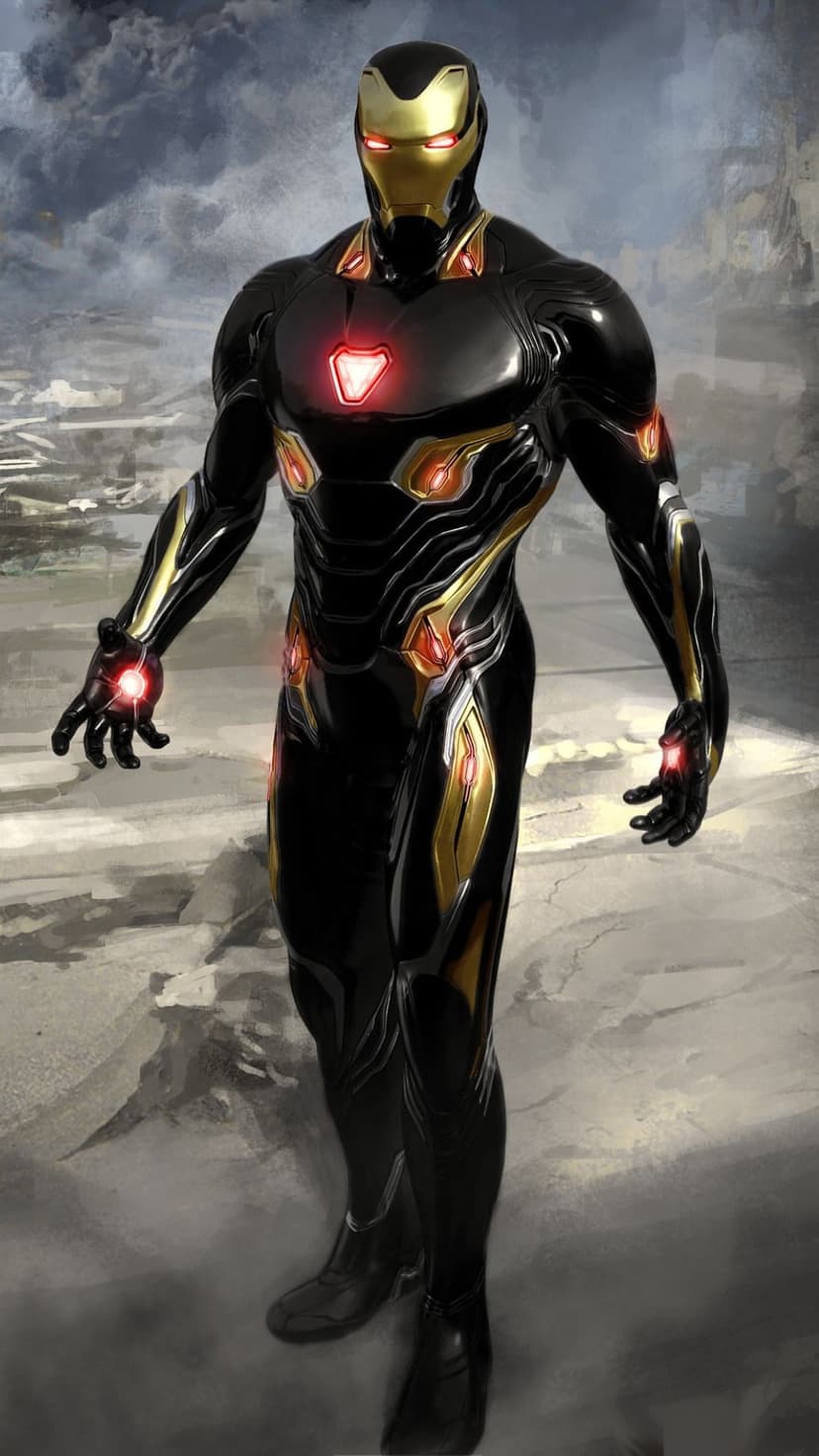 Iron Man in black and gold armor with a glowing red triangular chest plate and red eyes against a misty backdrop.