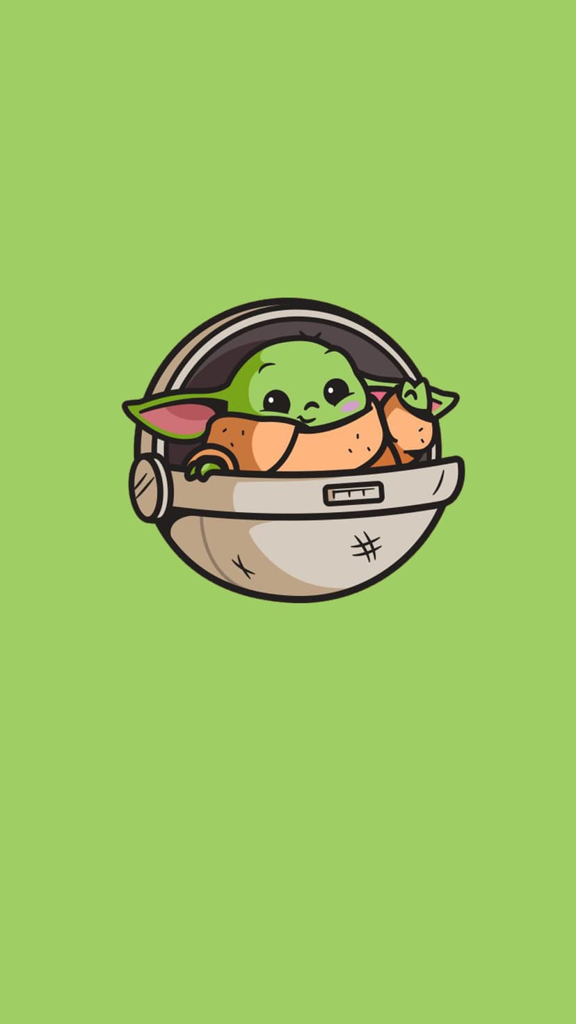 Grogu with large ears and dark eyes peeks from a metallic floating pod against a solid bright green background.