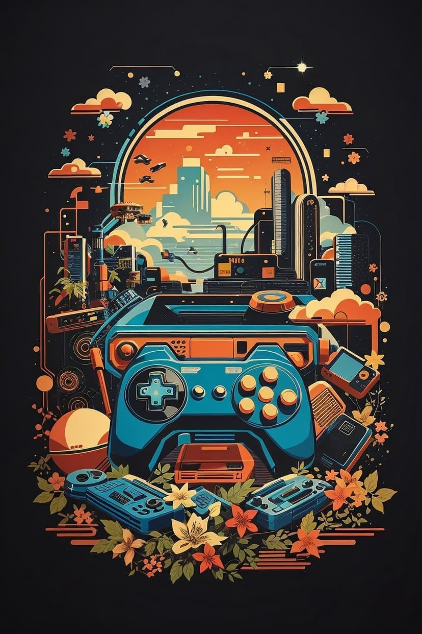 Classic video game controllers and cartridges floating over a neon cityscape under a vibrant sunset sky.