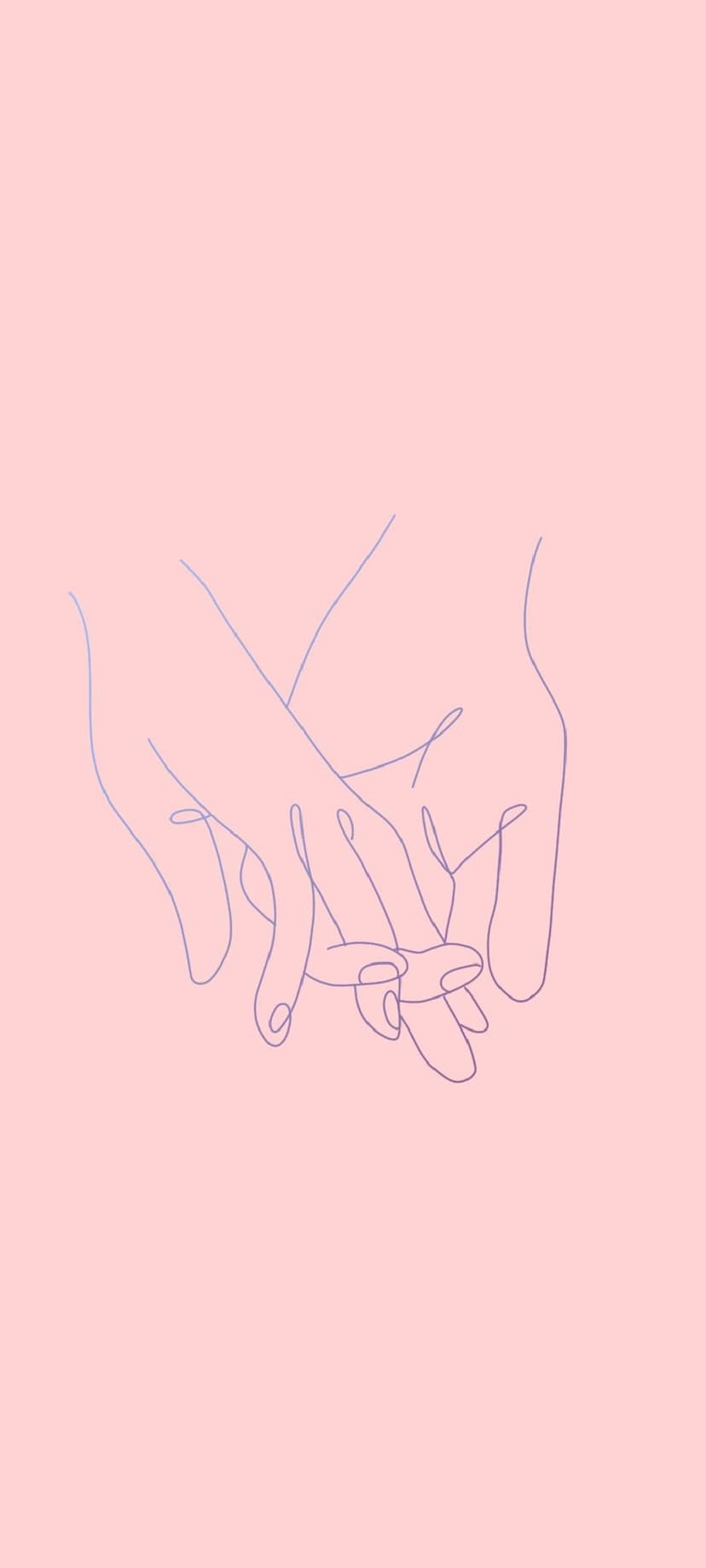 Two hands clasping each other in a thin black line art style against a solid soft pink pastel background.