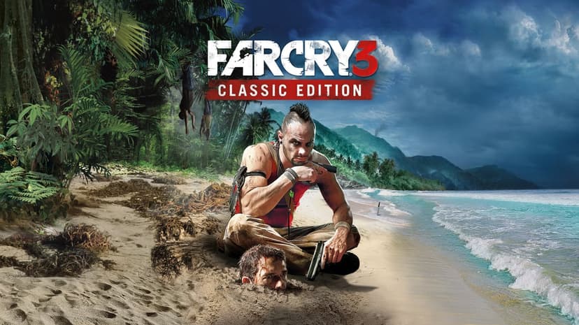 Antagonist Vaas Montenegro sits on a beach with a gun near a man's head buried in the sand under a blue sky.