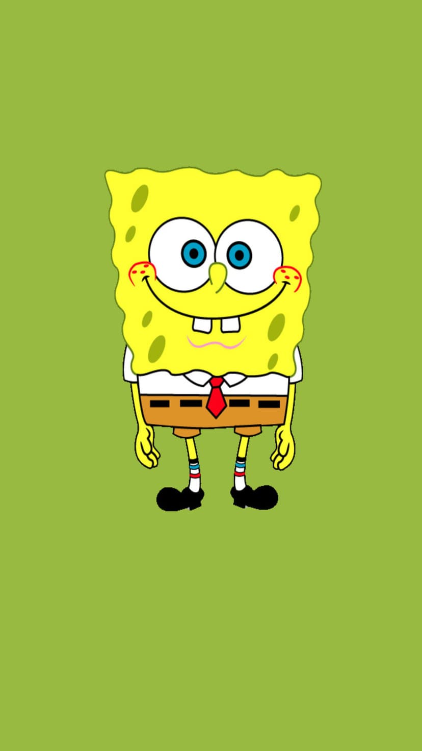 SpongeBob SquarePants smiles with big blue eyes and a red tie against a solid neon green background.