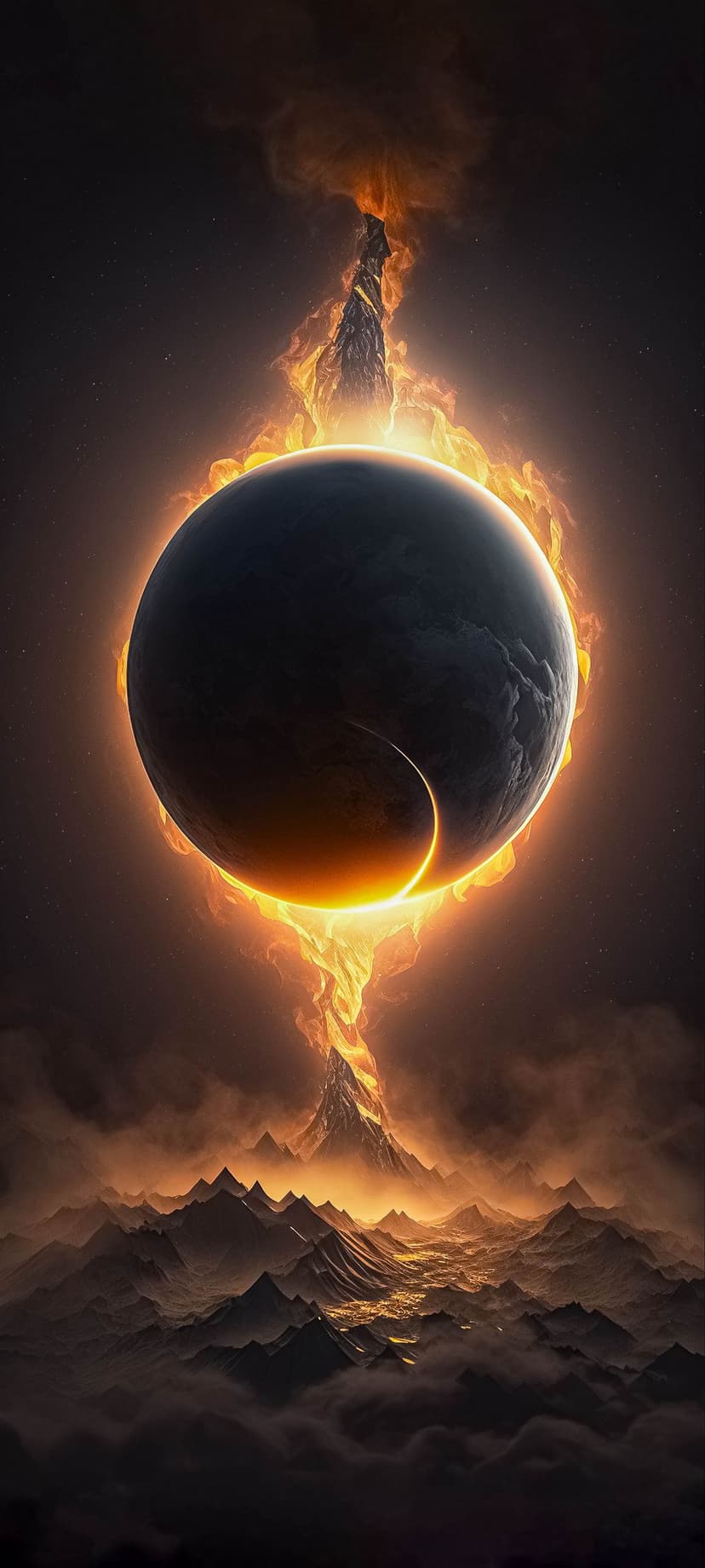 Total solar eclipse with a fiery orange corona shines above jagged volcanic mountains and glowing lava flows.