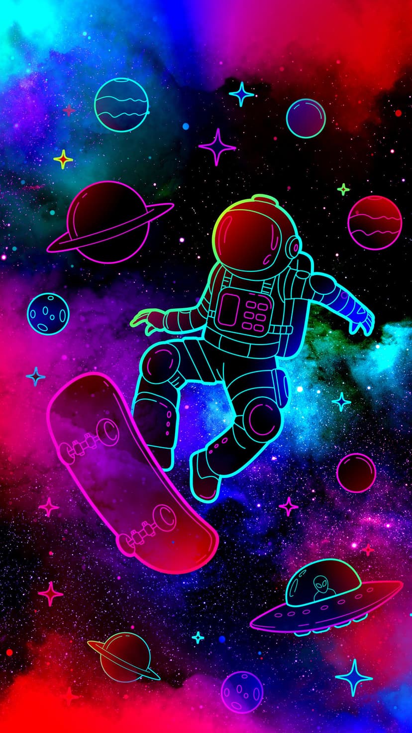 Astronaut skateboarding past a glowing UFO and ringed planets amidst a vibrant neon purple and blue nebula.