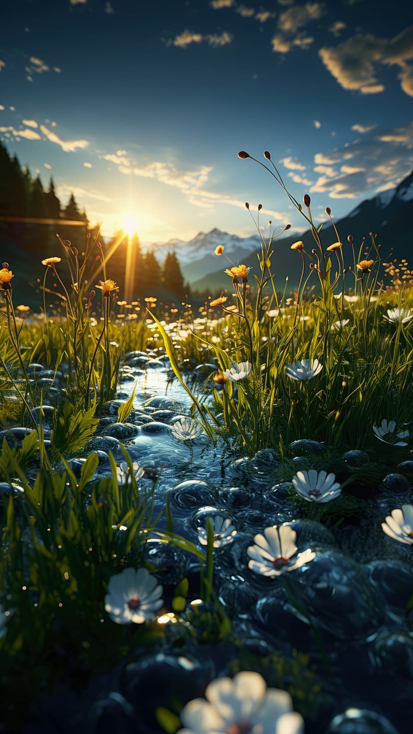 Alpine stream meanders through wildflowers toward snowy mountains under a golden sunset in a vertical view.