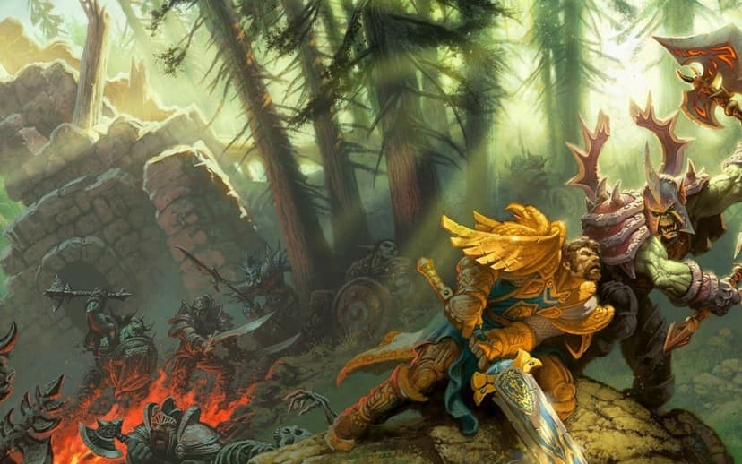 A knight in golden eagle armor battles a green orc amidst forest ruins with sunbeams filtering through trees.