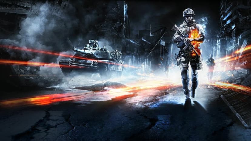 Soldier in tactical gear walking past a battle tank through smoke and orange glowing sparks in a ruined city.