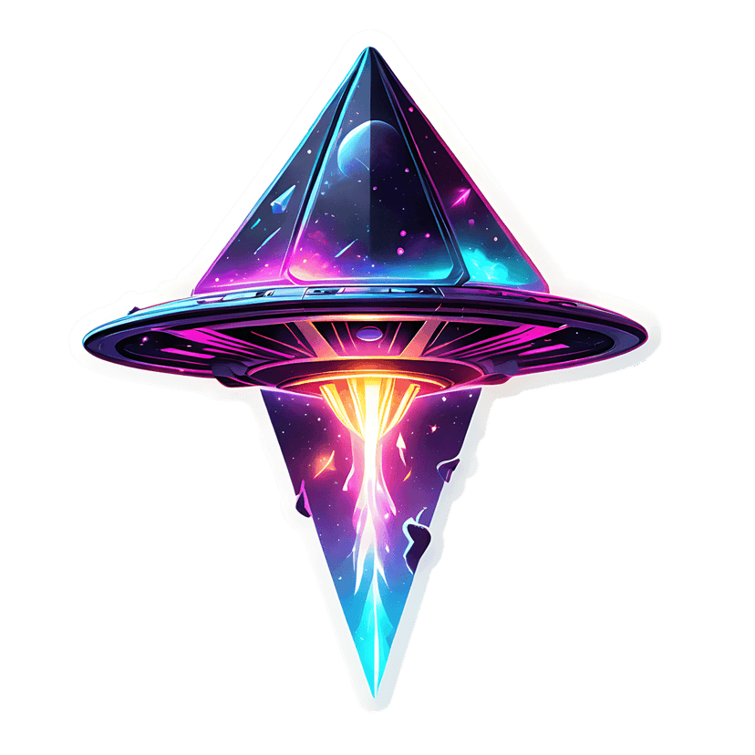 Neon UFO sticker with a cosmic prism dome emitting a bright cyan and orange energy beam against a dark background.
