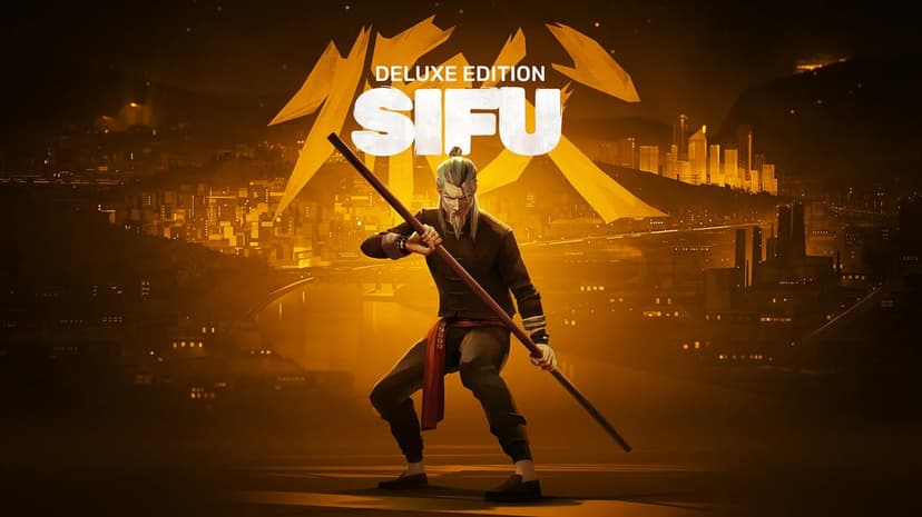 Martial arts master with a wooden staff standing before a golden glowing cityscape and large calligraphy art.