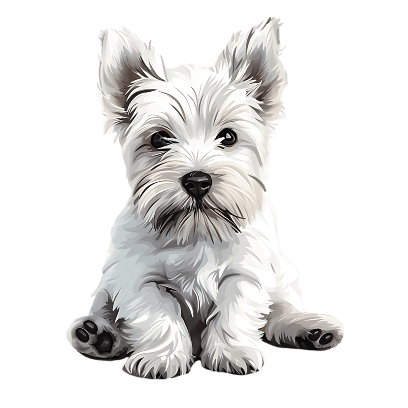West Highland White Terrier puppy sits alertly against a black background, showcasing detailed white fur textures.
