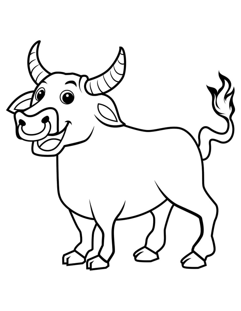 Bull line art illustration featuring a happy bovine character with large horns and black and white outlines.