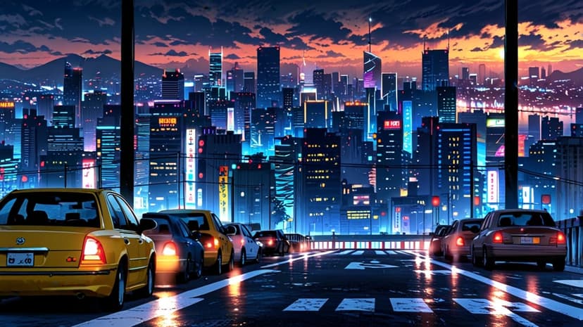 Neon city signs reflect on wet asphalt while car headlights blur through a rainy urban street under a purple sky.