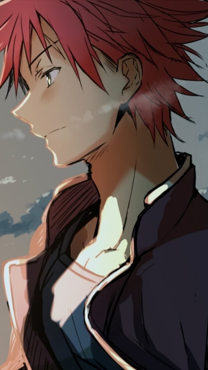 Soma Yukihira with spiky red hair looks ahead with a determined expression against a soft blue and purple sky.