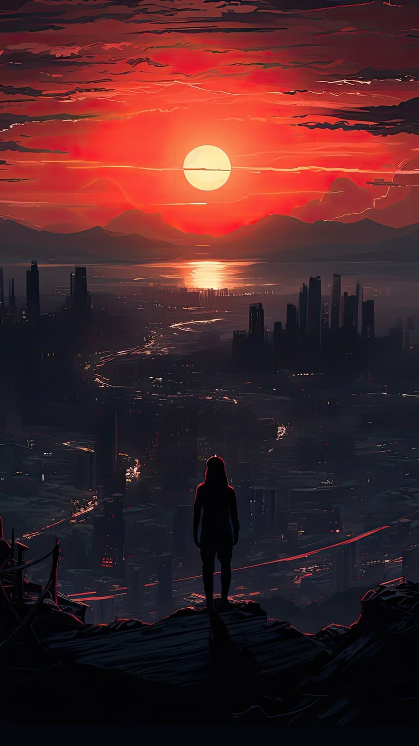 Lone silhouette on a rocky cliff watching a blood-red sun set behind a sprawling futuristic urban skyline.