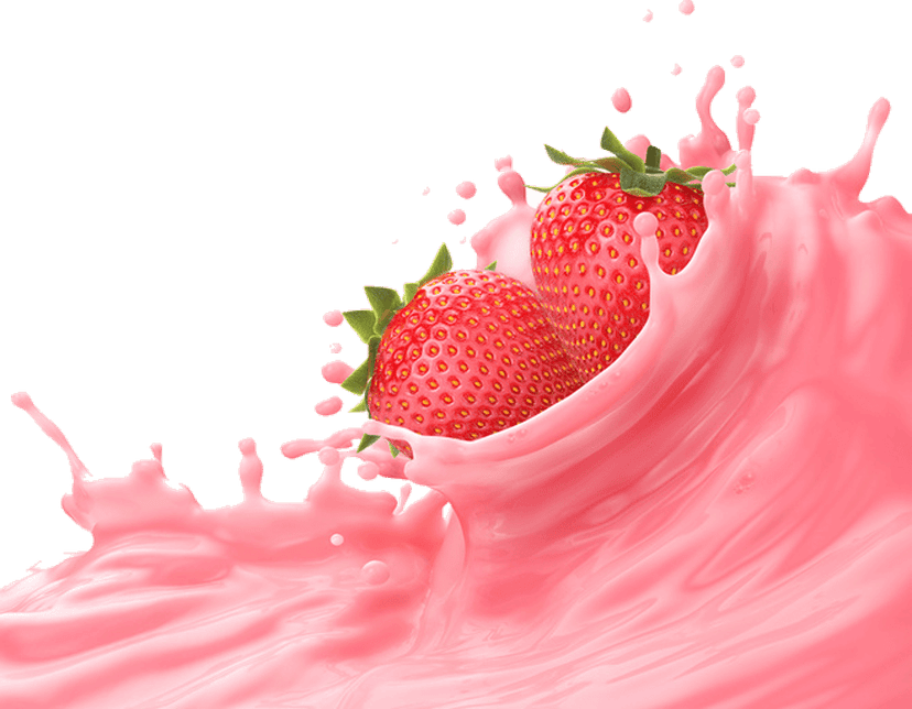 Strawberry mixed berry juice illustration with creamy pink liquid and fresh fruit in a transparent glass.