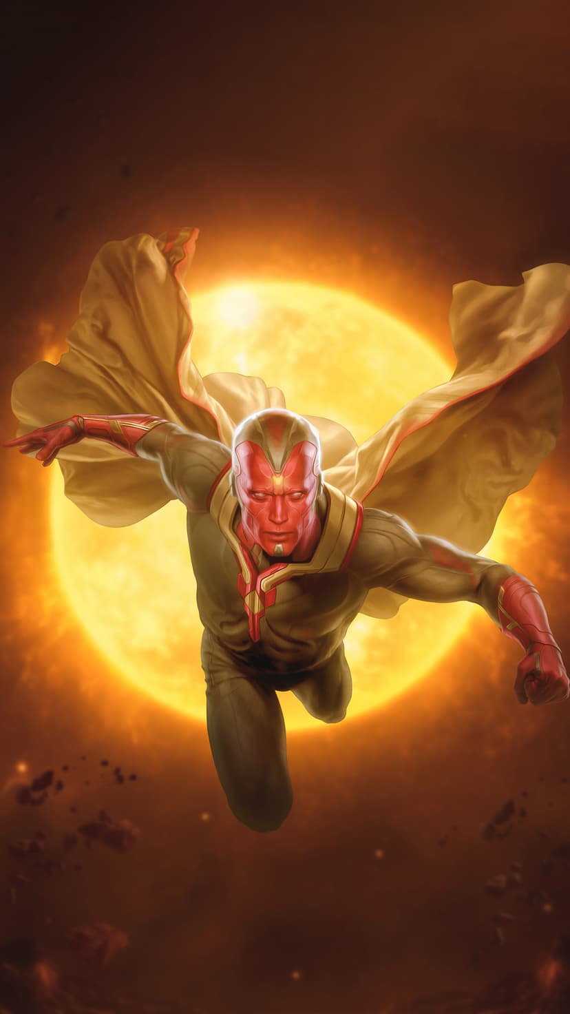 Vision with a red face and yellow cape flies before a giant glowing sun amidst dark space debris.