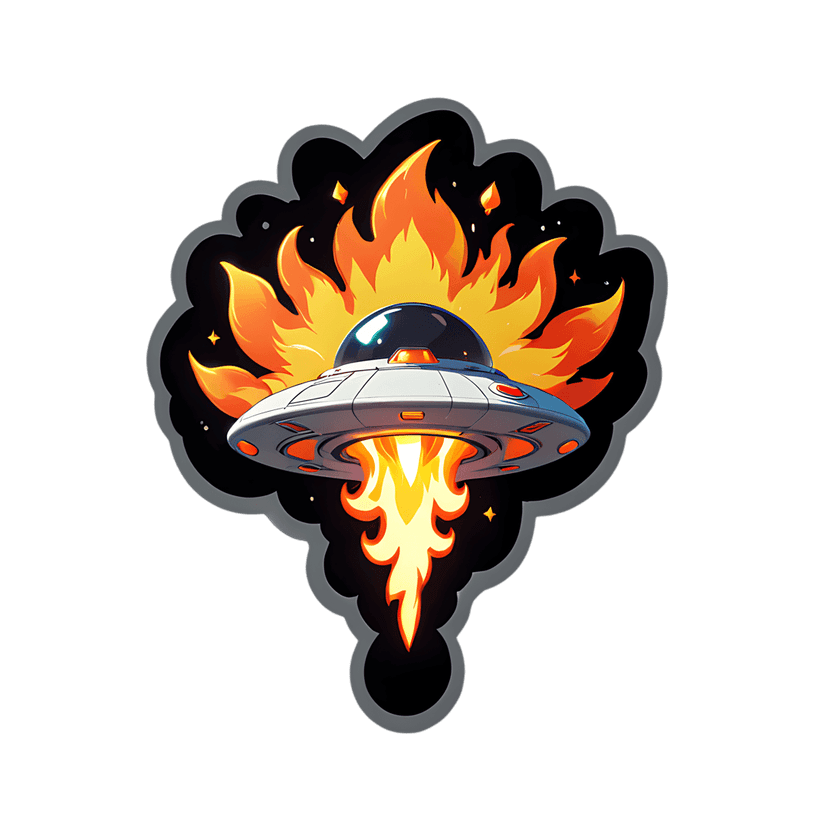 Silver metallic UFO flying saucer launching with bright orange flames against a starry dark smoke background.