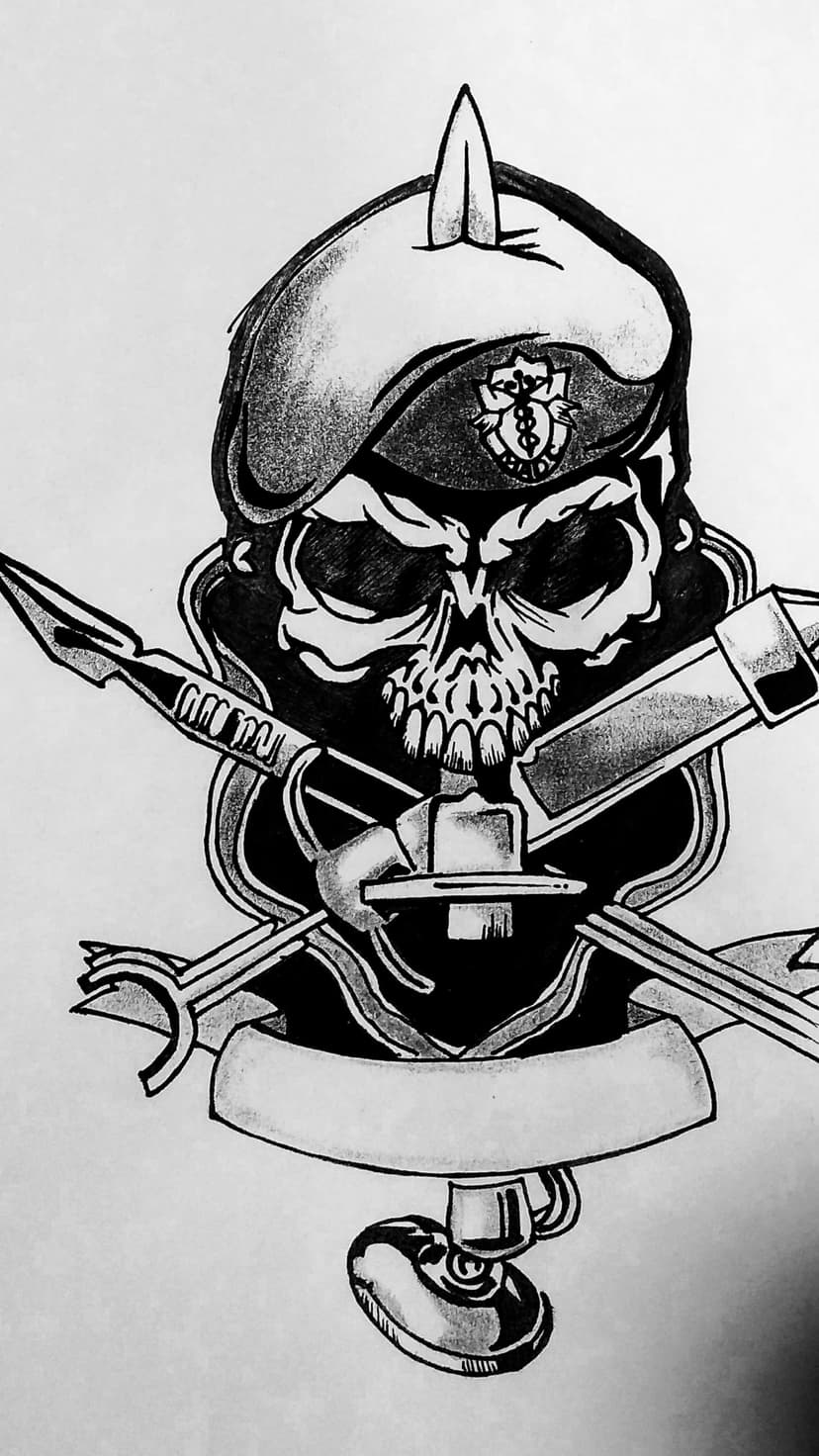 Skull wearing a beret with a medical insignia above crossed weapons and a banner using high contrast pencil shading.
