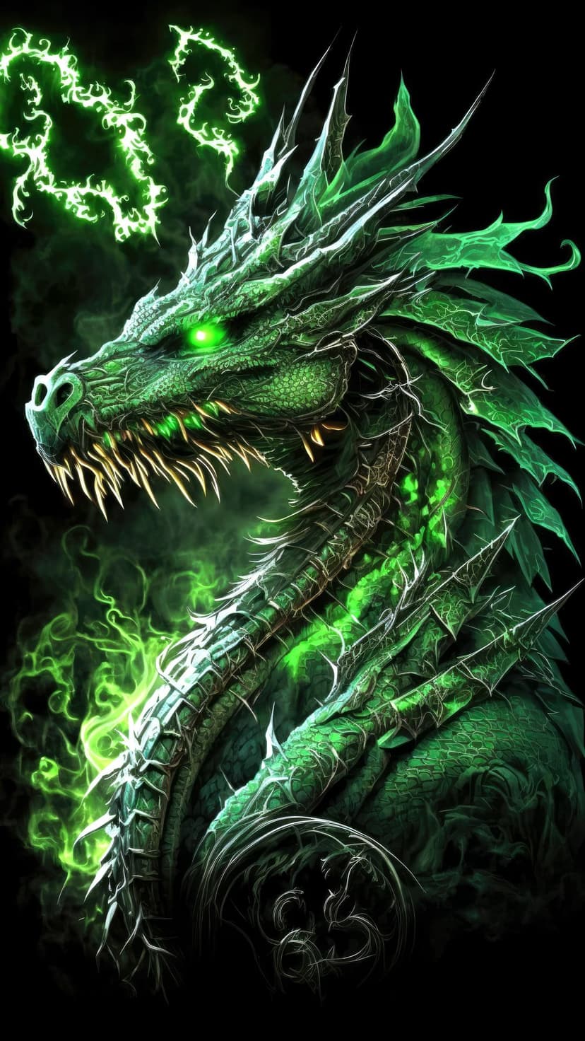 Green dragon with glowing emerald eyes and shimmering scales surrounded by wisps of mystical verdant energy trails.
