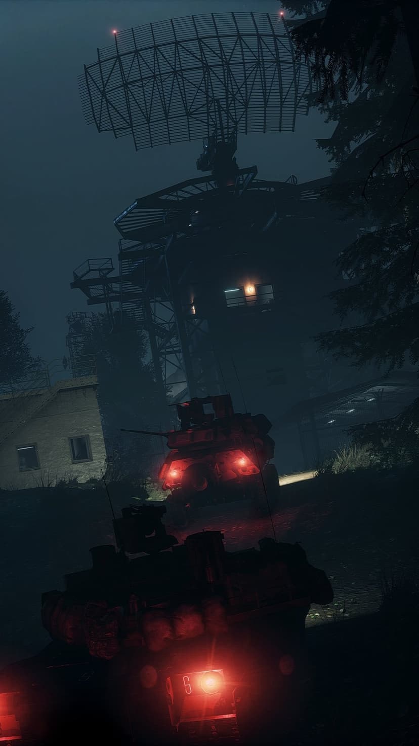 Armored tanks with glowing red lights sit before a massive radar array in a dark nighttime forest setting.