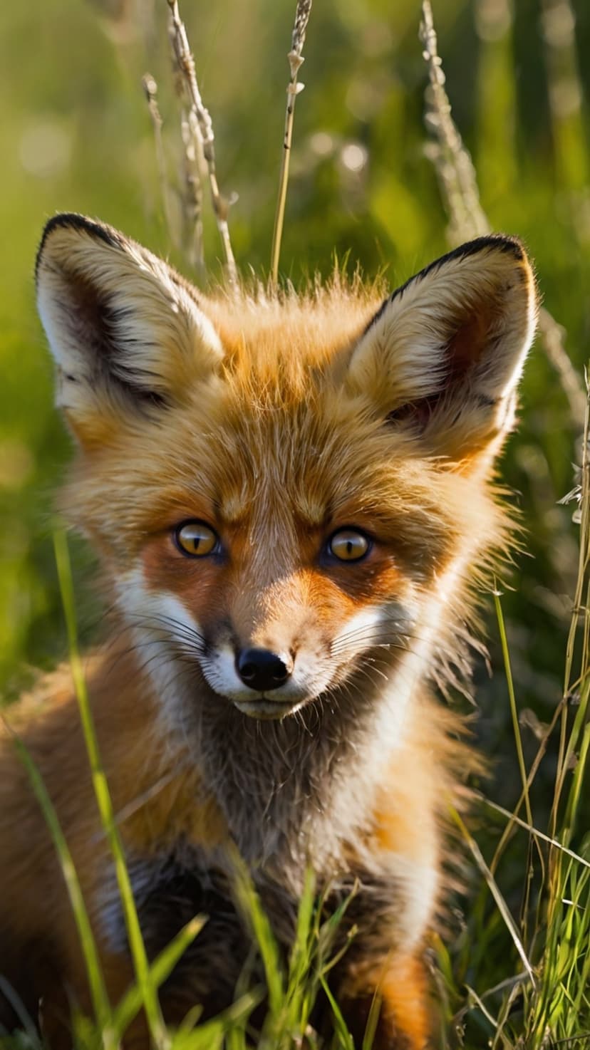 Red fox face with amber eyes peeking through green grass blades and dry stalks under soft natural sunlight.