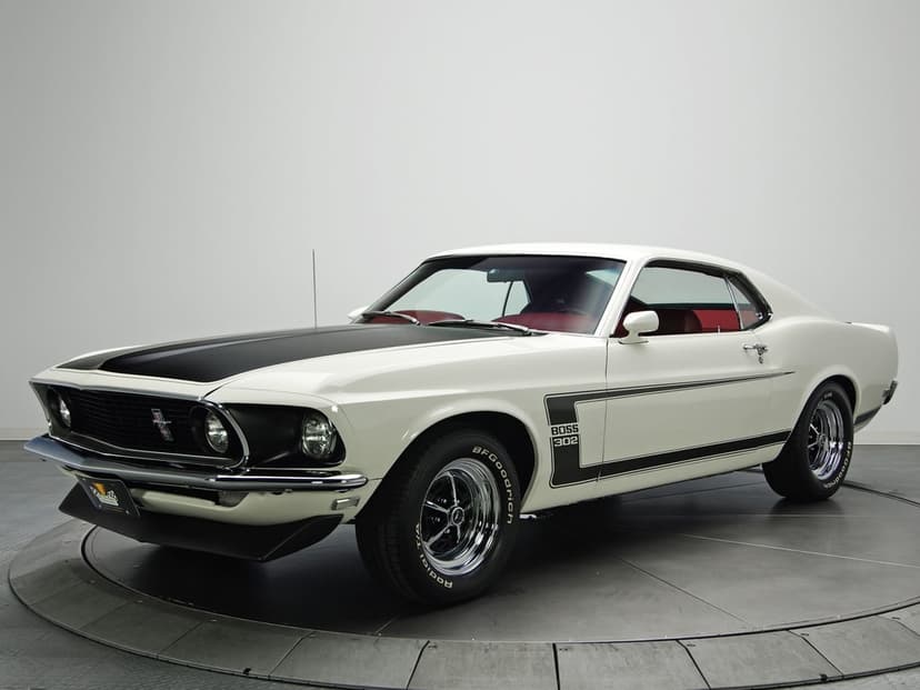 White 1969 Ford Mustang Boss 302 with black hood stripes and red interior parked in a bright white studio.