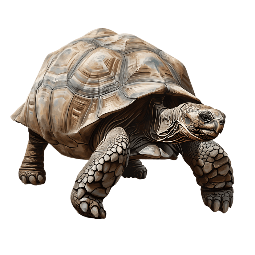 Giant tortoise walking forward showing its textured domed shell and scaly legs against a dark black background.