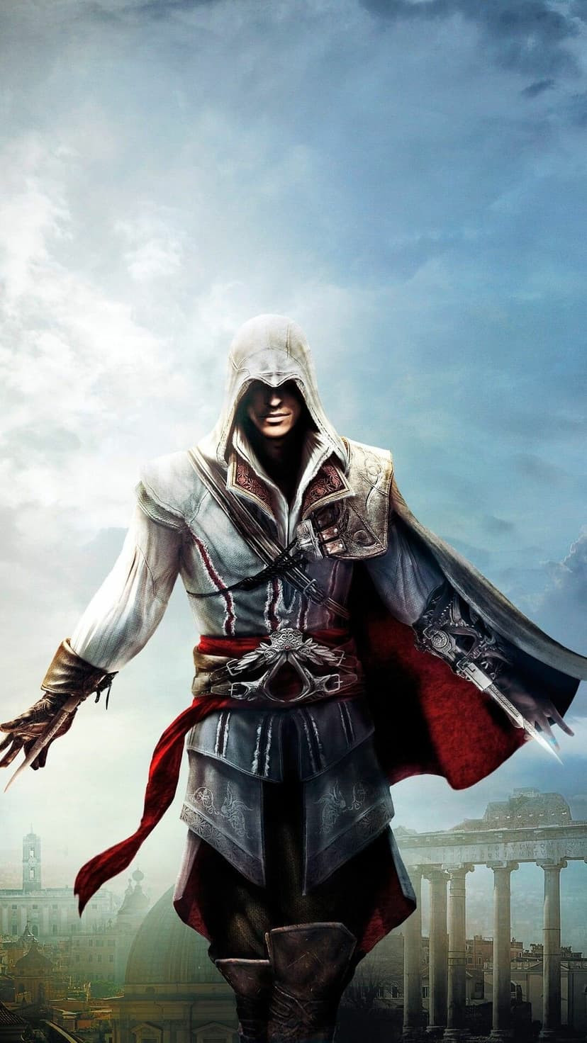 Ezio Auditore in white assassin's robes with dual hidden blades extended against a Roman background.
