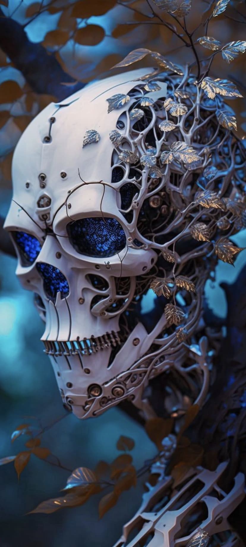 Mechanical skull with glowing blue eyes and silver leaves entwined in metallic vines against dark foliage.