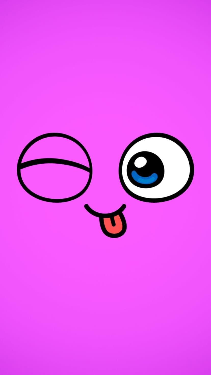 Purple cartoon face with one winking eye and one wide blue eye sticks its red tongue out against a solid background.